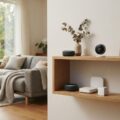 Gadgets til hjemmet samlet på en hylde i en moderne dansk stue