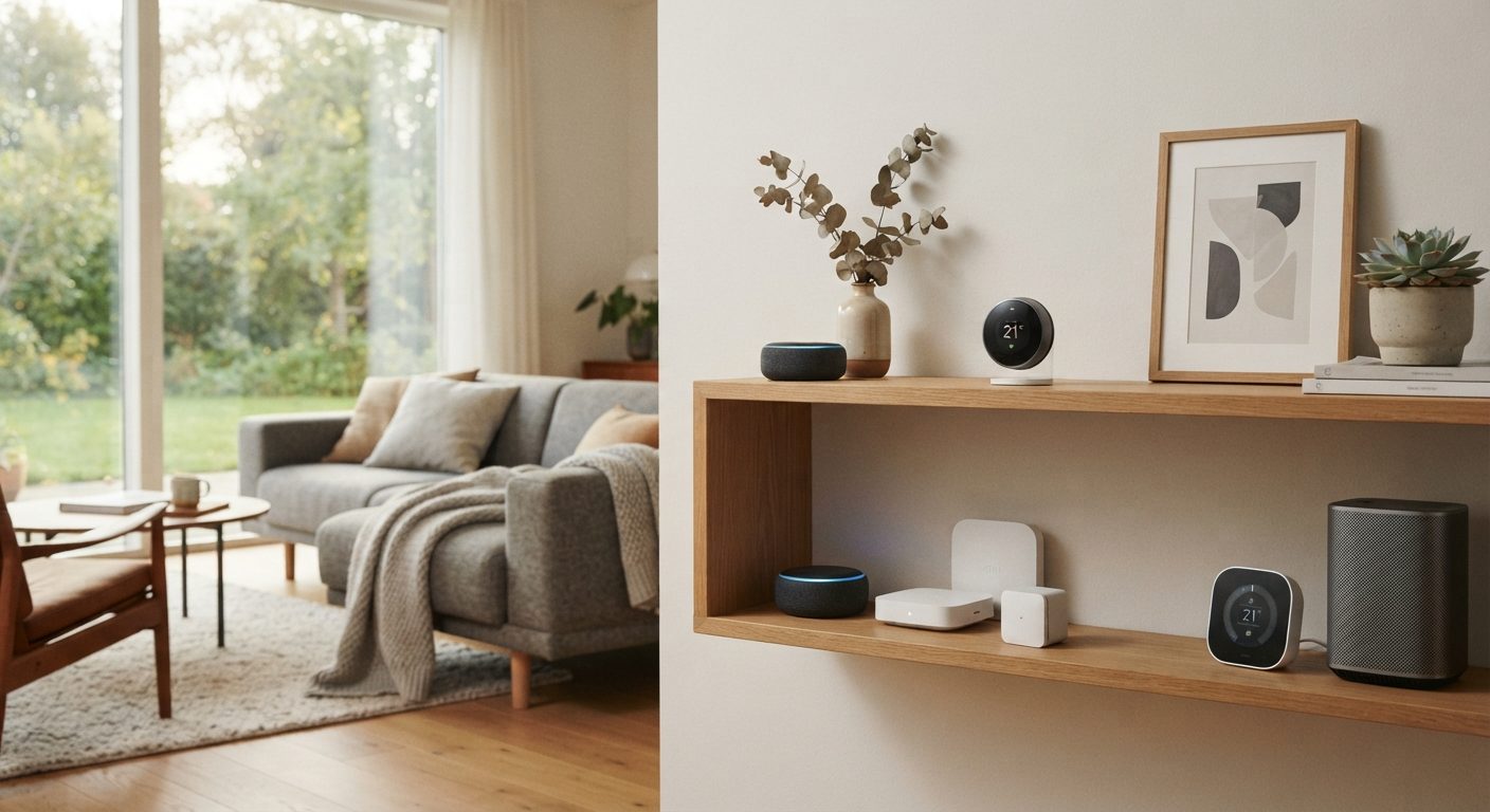 Gadgets til hjemmet samlet på en hylde i en moderne dansk stue