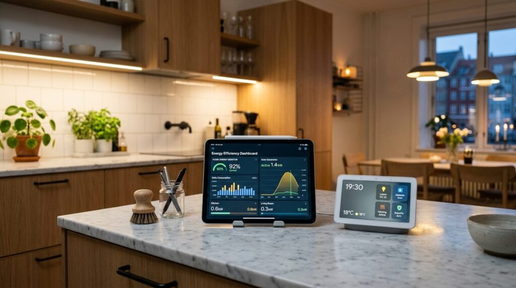 Modern smart home control setup showing a digital tablet and