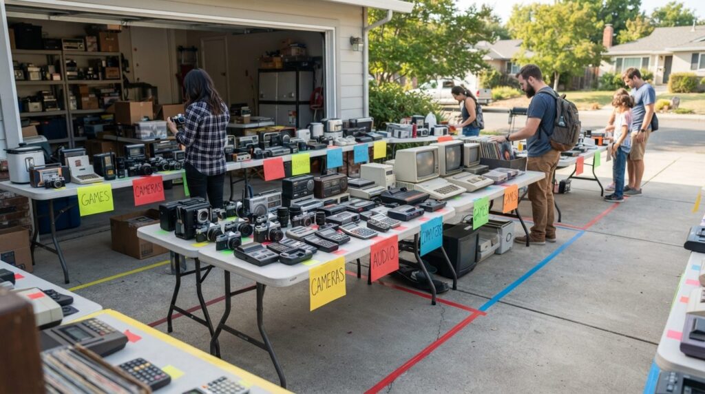 Wide angle view of organized garage sale with vintage gadget
