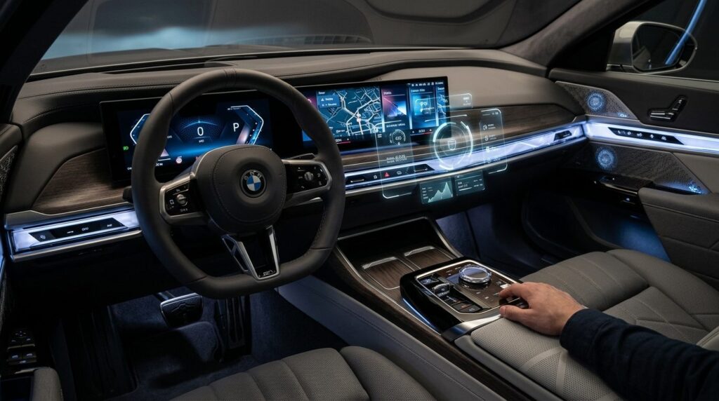 Detailed close-up interior shot: BMW i7 xDrive60 driver cock