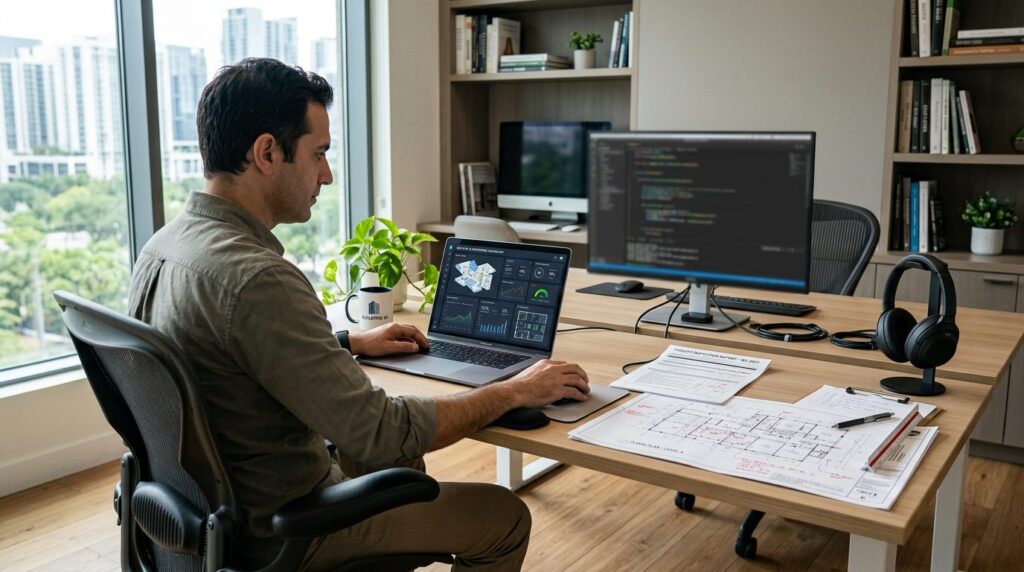 Modern home office desk with laptop displaying smart buildin