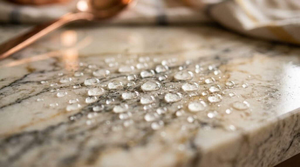 Close-up of luxury stone countertop with water droplets bead
