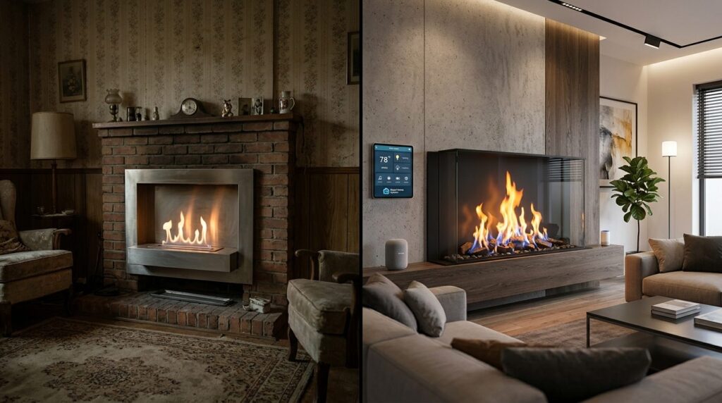 Split-screen comparison style image: left side shows a dim,