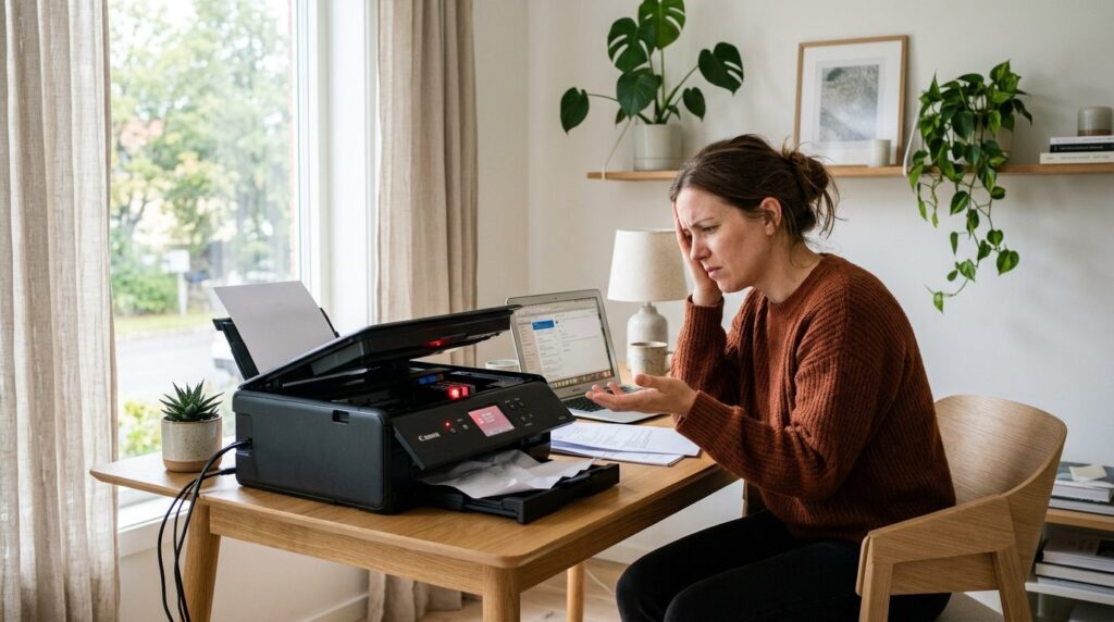 Person ved hjemmekontor, der frustreret kigger på printer