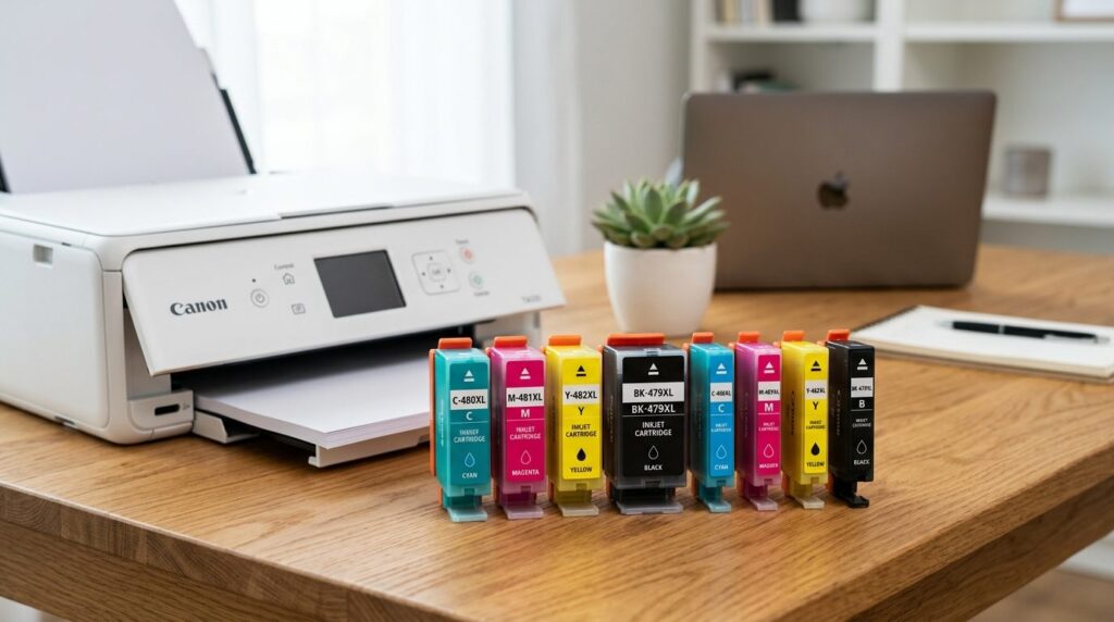 Sorteret samling af farverige blækpatroner til inkjetprinter