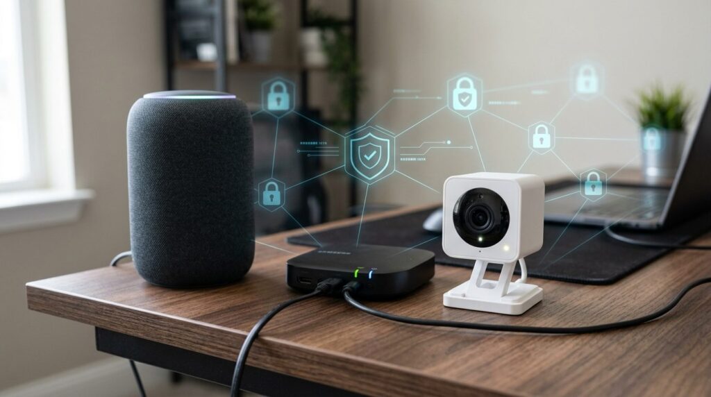 Close-up photorealistic image of interconnected smart home d