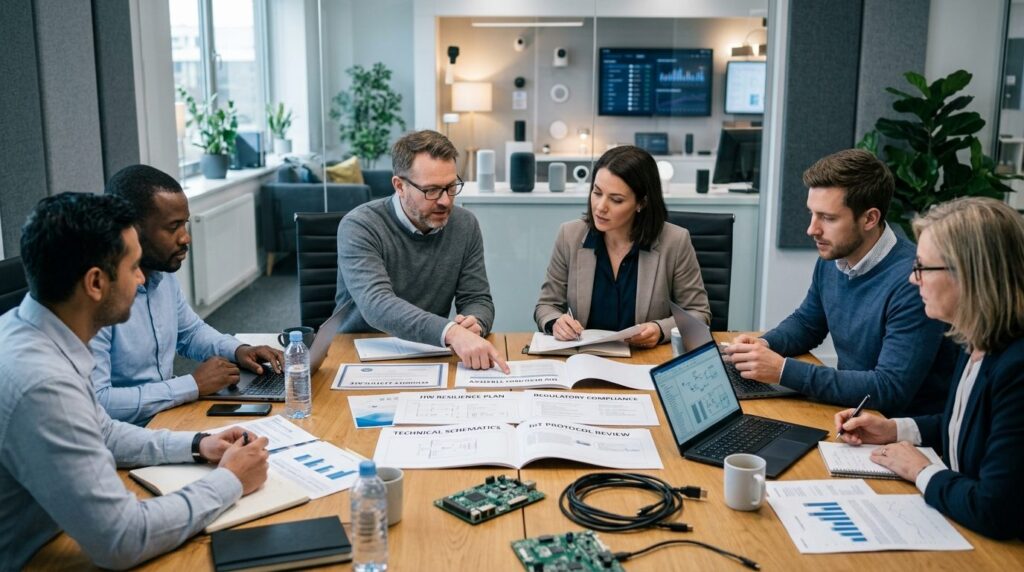 Professional business meeting scene with engineers and compl