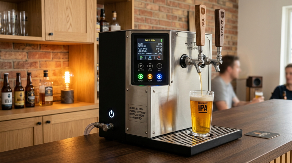 Close-up of a professional-grade draft beer tap system with 