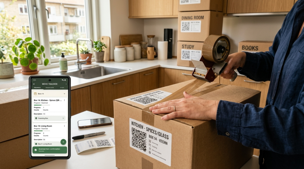 Close-up of hands organizing moving boxes with smart labels 