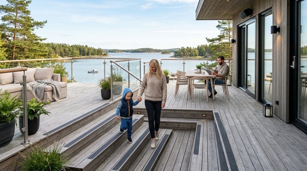 Wide angle view of a Scandinavian-style residential wooden t
