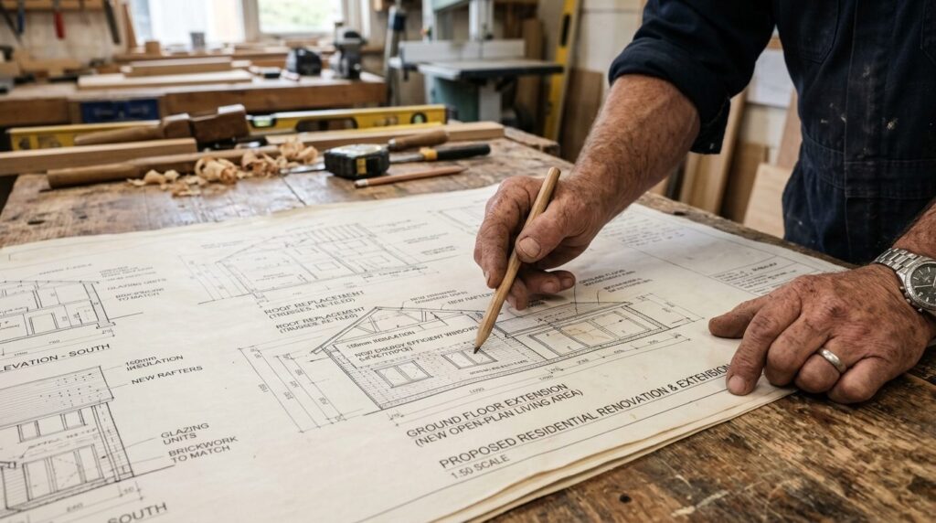 Tømrers hænder peger på detaljer på en tegning under planlagte boligrenovering.