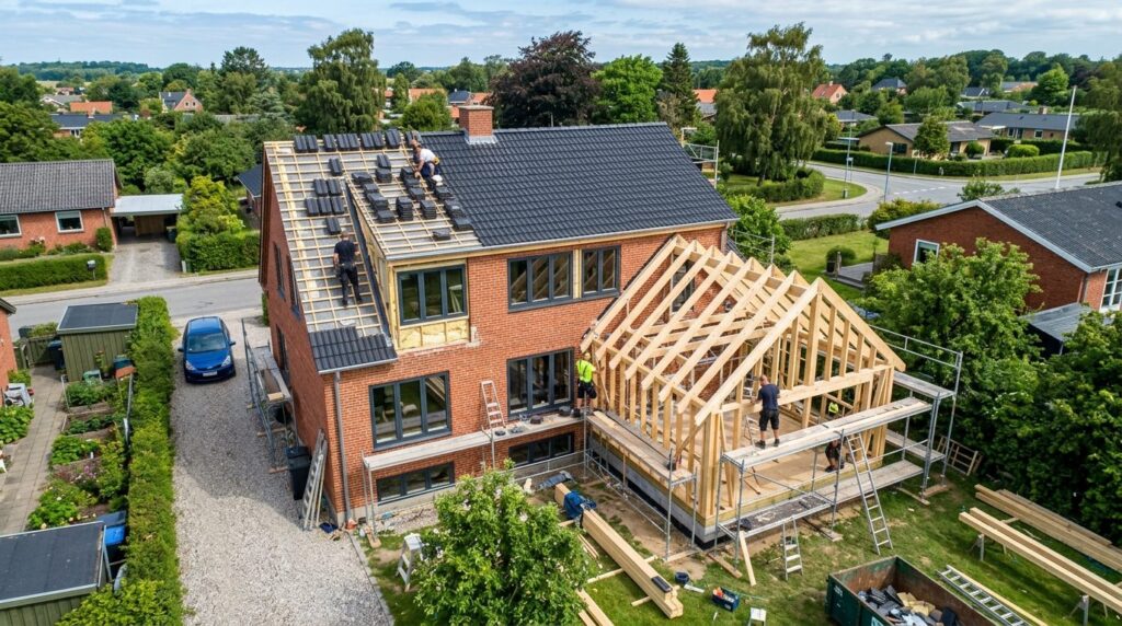 Luftfoto af skandinavisk parcelhus i nordsjællandsk boligområde omgivet af grønt.