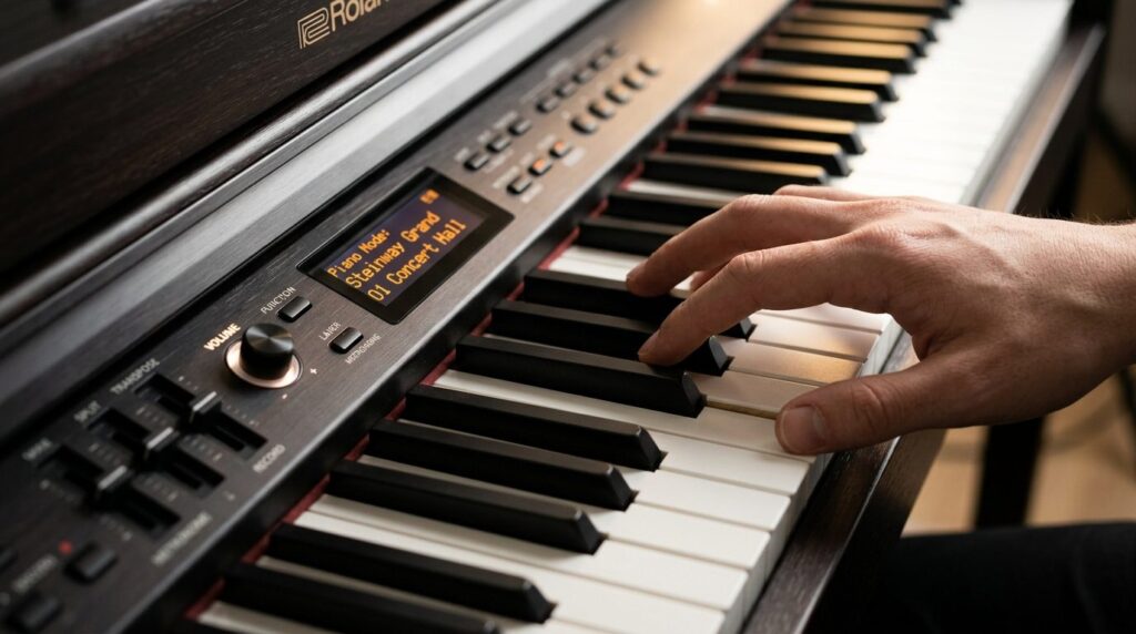 Close-up detail shot of digital piano weighted keys and cont