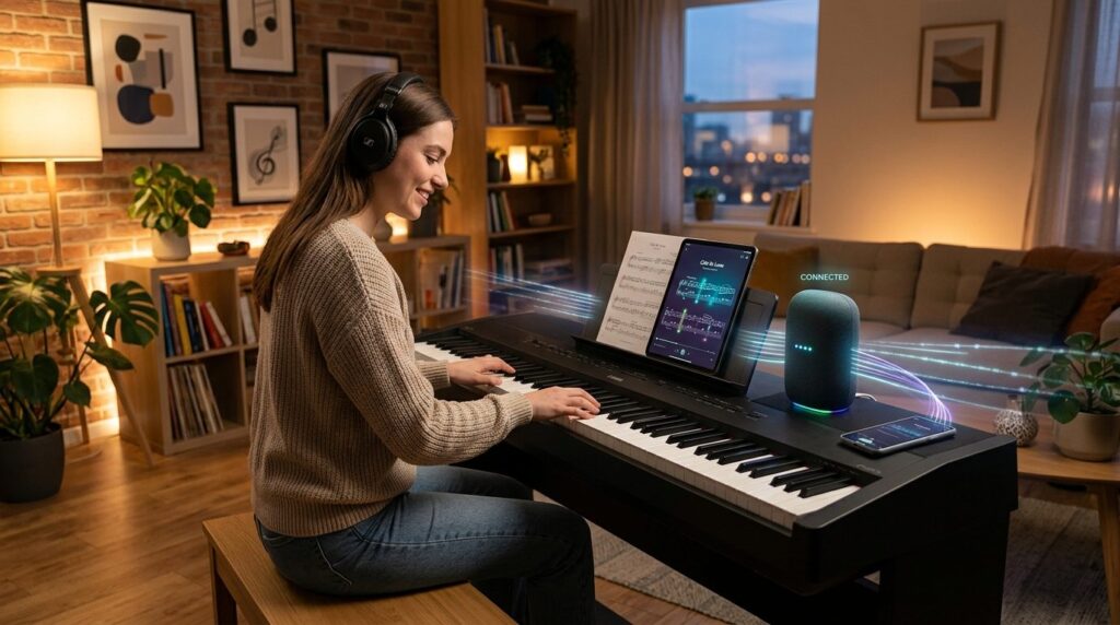 Smart home integration scene showing digital piano connected