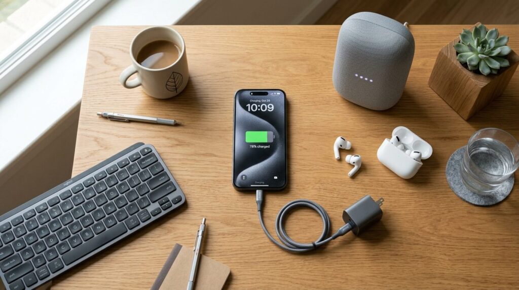 Flat lay photography of smartphone on wooden desk with charg
