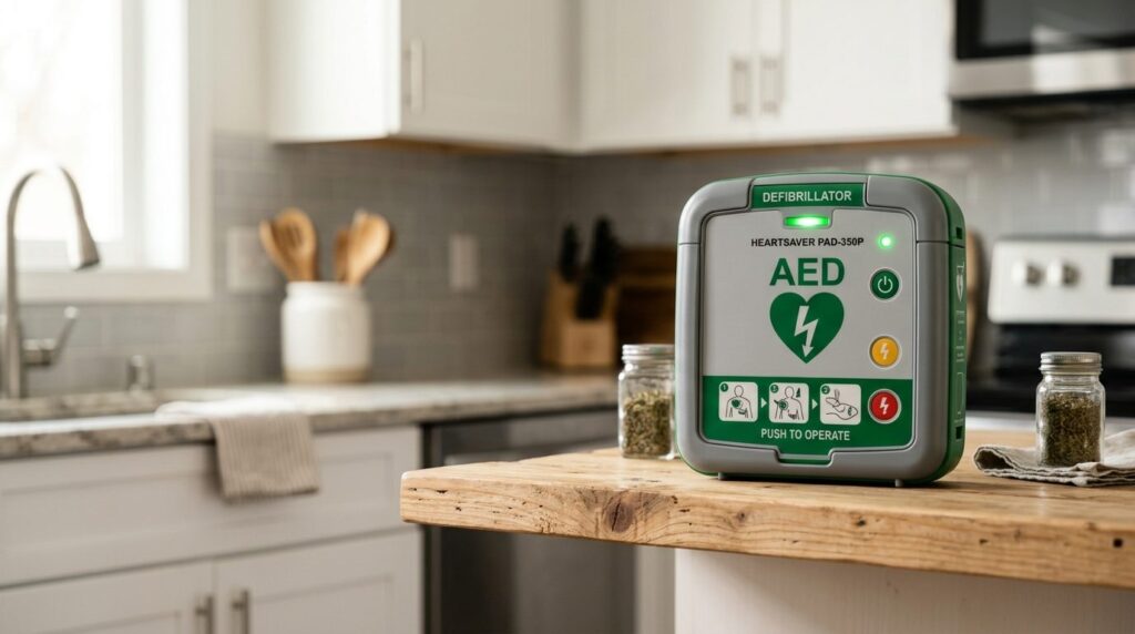 Realistic close-up product shot of a sleek compact AED heart