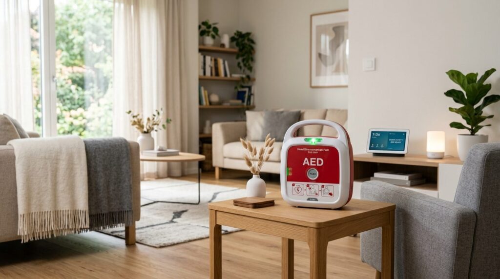 Photorealistic image of a portable AED defibrillator placed 