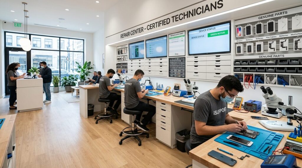 Wide-angle photograph of a contemporary repair service cente
