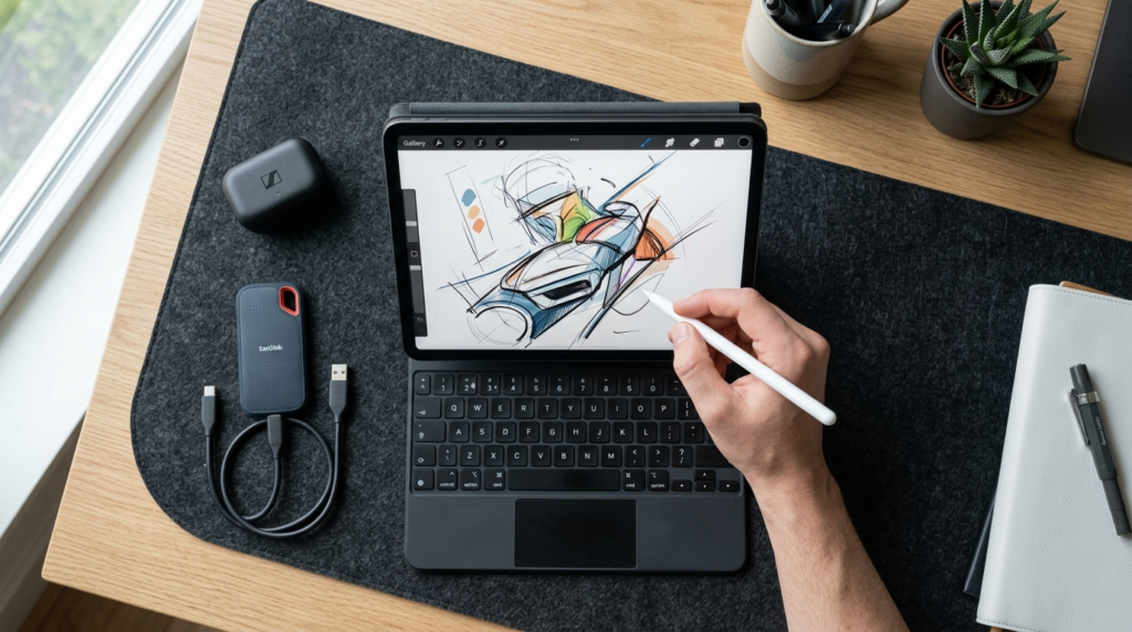 Close-up overhead shot of an iPad with active stylus on a de