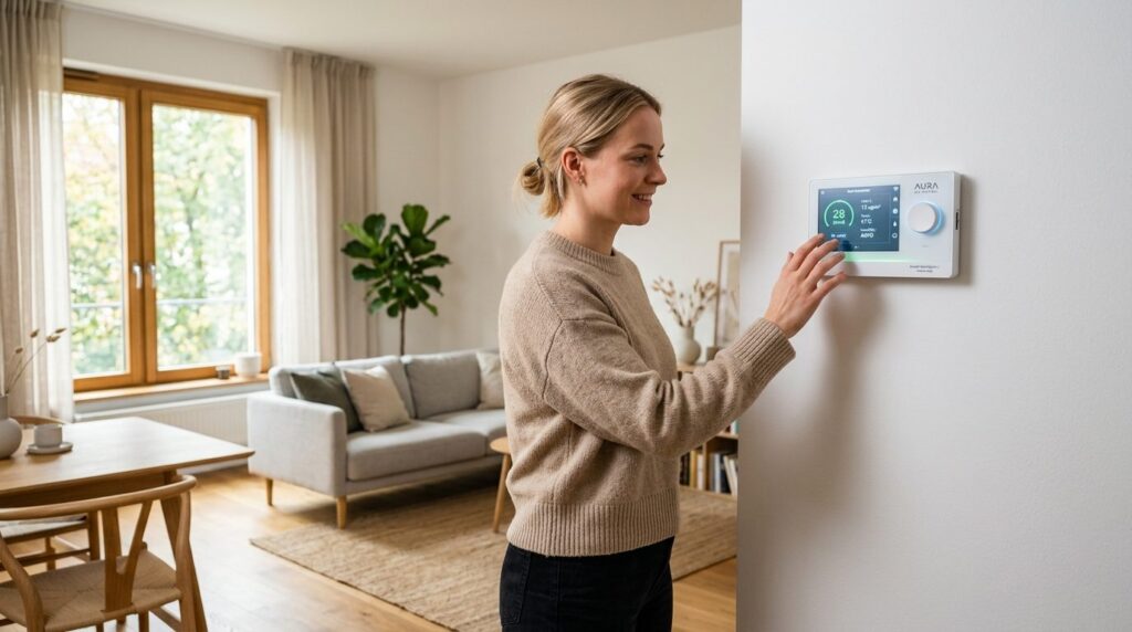 Smart home ventilation control panel mounted on white wall i