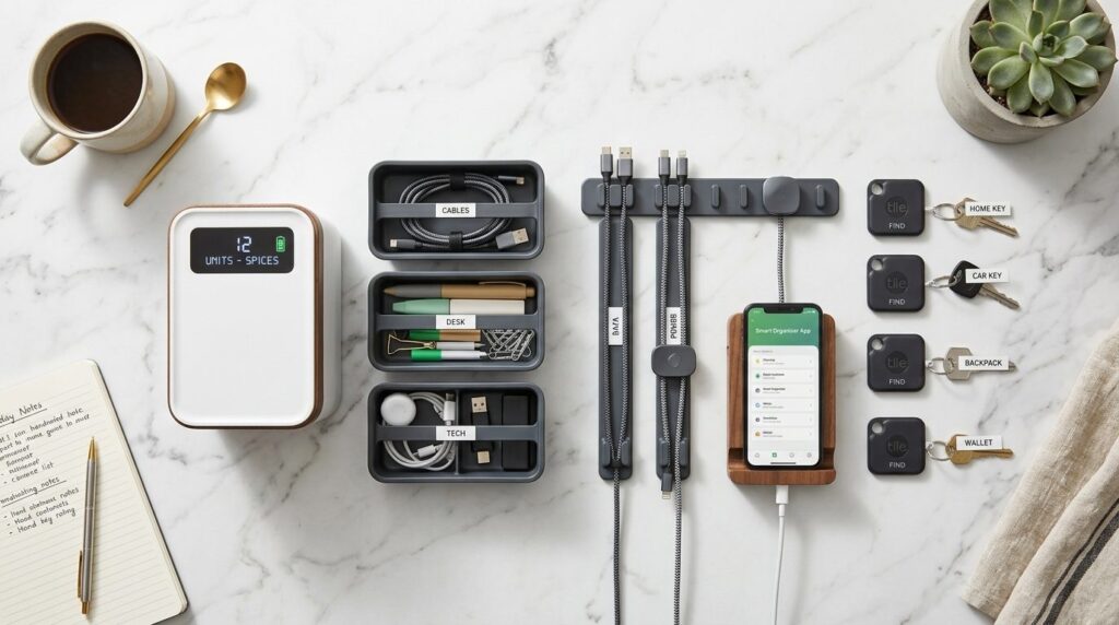 Flat lay lifestyle photograph of innovative smart home organ