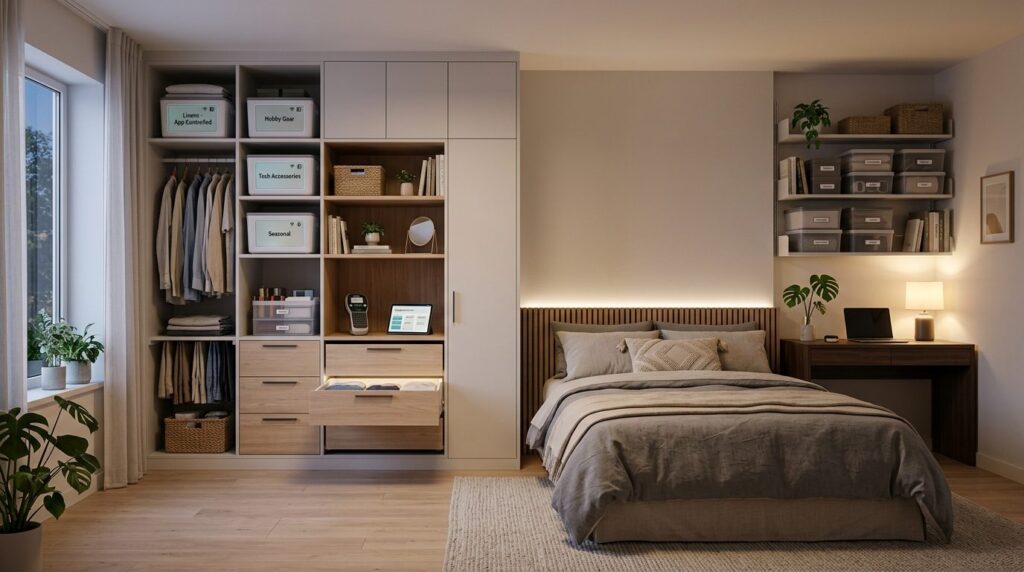 Wide-angle interior shot of a well-organized bedroom with sm