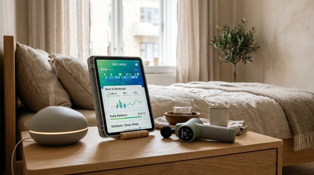 Close-up of smart wellness technology on minimalist bedside