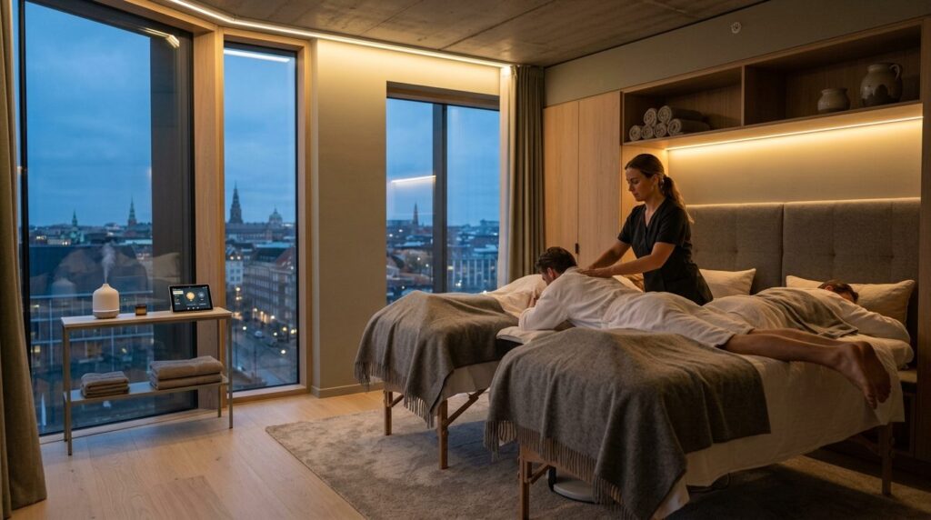 Intimate urban wellness scene: couple in modern Copenhagen b