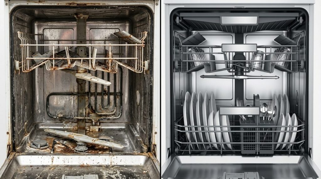 Close-up split-screen comparison 16:9, left side shows broke