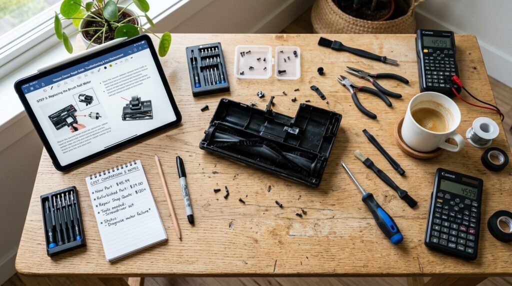 Top-down flat lay 16:9, home workspace with tablet displayin