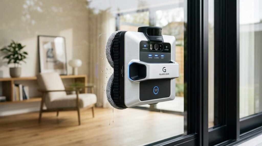 En robotvinduespudser fastgjort til en moderne bygningsfacade.