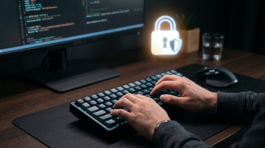 Close-up shot of hands typing a strong password on a backlit