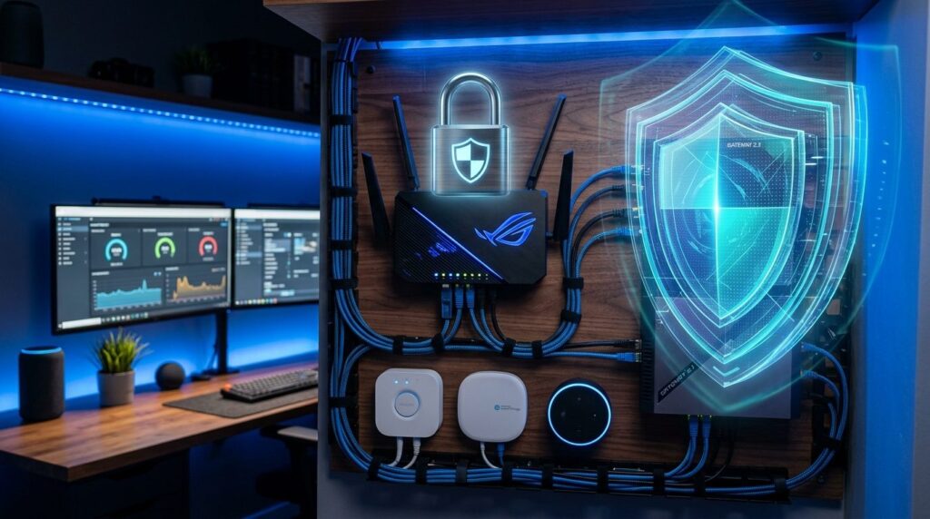 Wide angle photograph of a home network security setup featu