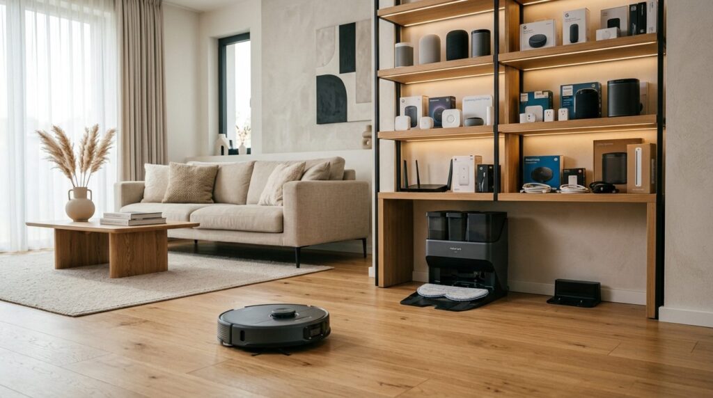 Modern smart home integration scene showing a robot vacuum c