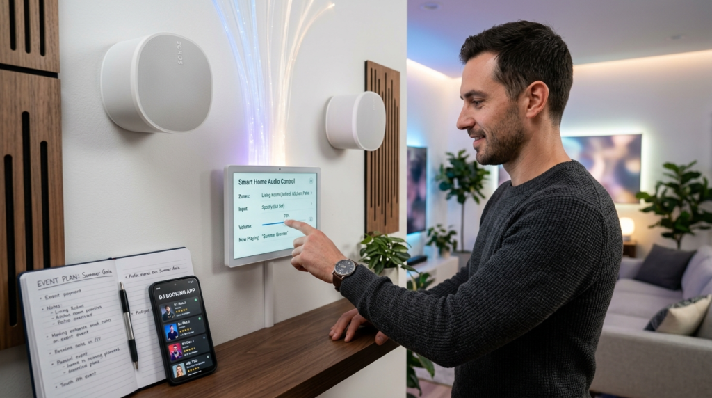 Close-up shot of a tech-savvy host adjusting smart home audi