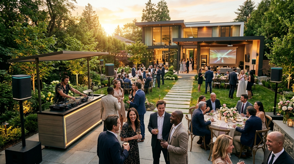 Wide-angle view of a sophisticated garden party in a modern 