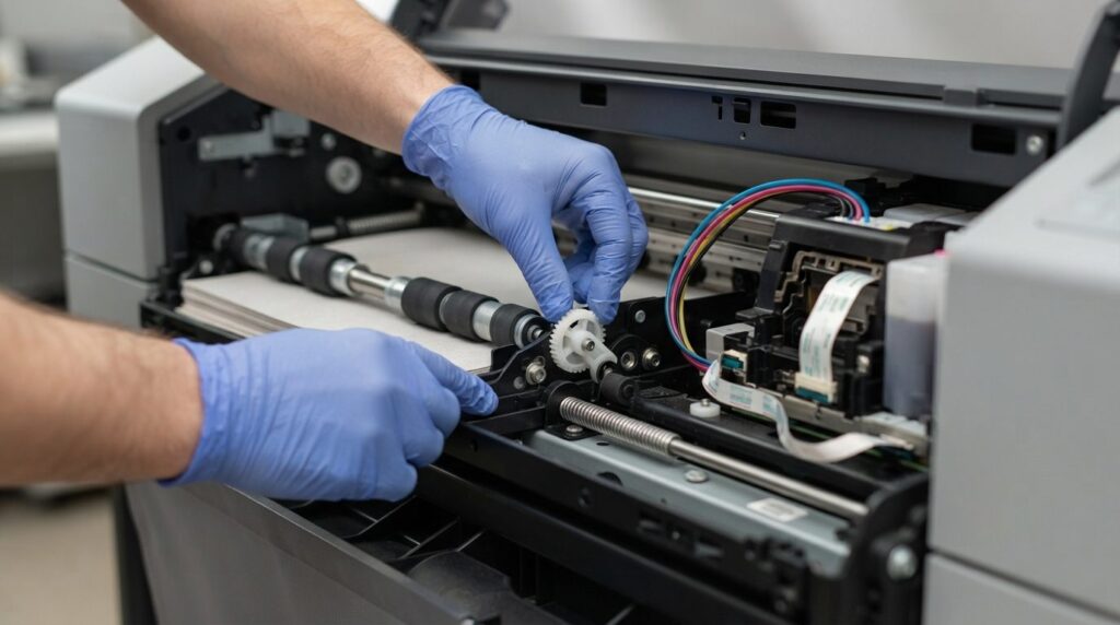 Close-up detailed view of plotter printer paper feed mechani