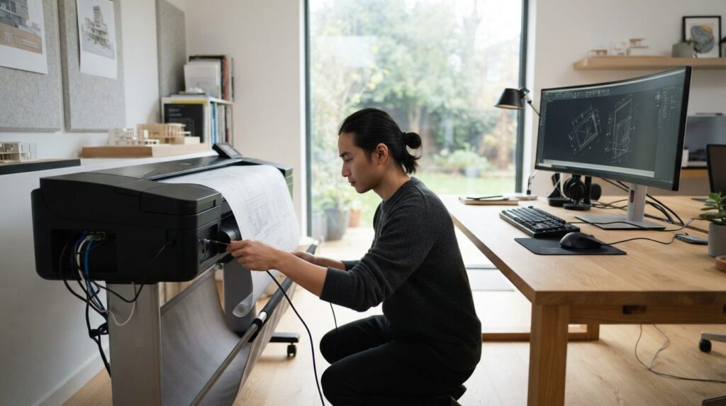 Modern smart home office workspace with a wide format plotte