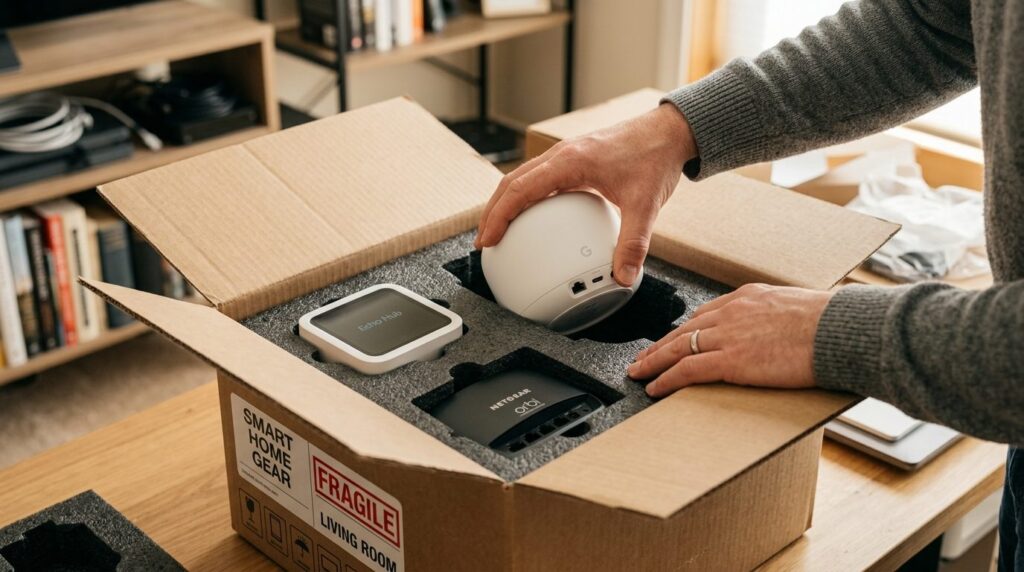 Close-up of hands safely packing smart home gadgets - smart