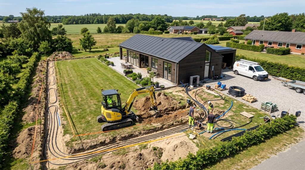 Fotorealistic overhead view of a residential property with t