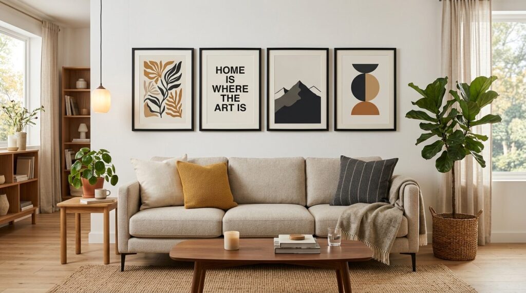 Modern living room interior featuring a gallery wall of four