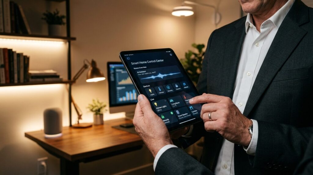 Close-up of a businessmans hands holding a tablet displayin
