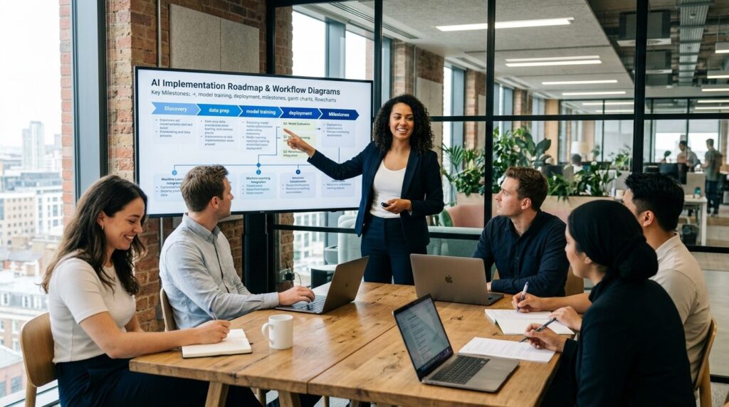 Young professional woman presenting to colleagues in a conte
