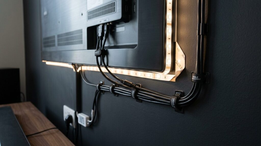 Fleksibel LED-strip bliver monteret tæt på, med fokus på installationsdetaljerne.
