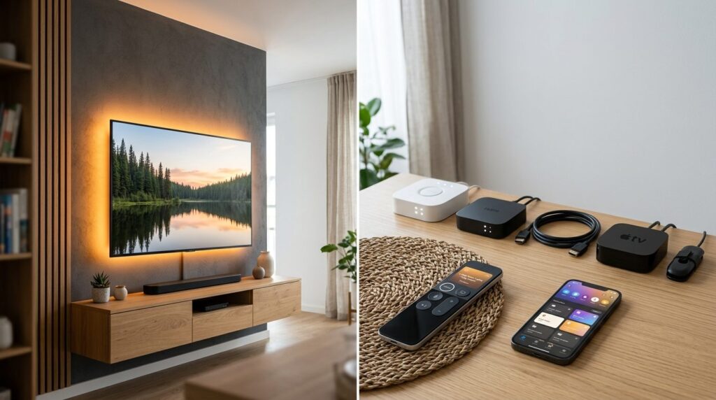 TV-væg vises før og efter med LED-belysning installeret bag skærmen.