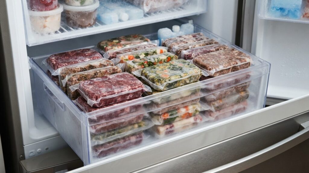 Close-up view of a well-organized freezer compartment showin
