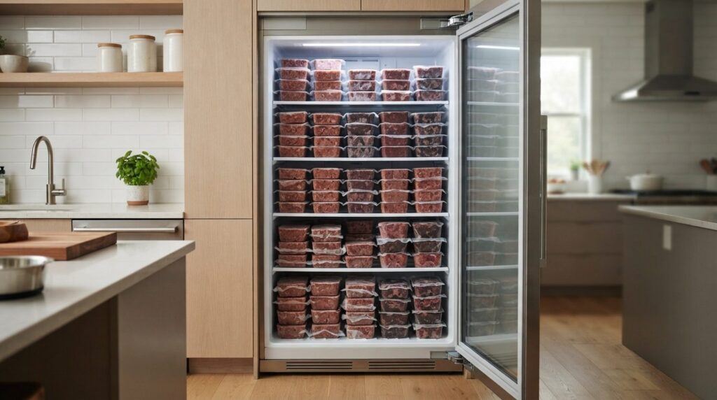 Modern kitchen scene with an open upright freezer displaying