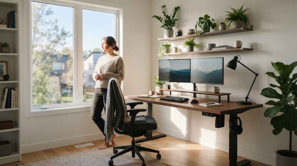 Modern minimalist home office workspace with dual monitors a