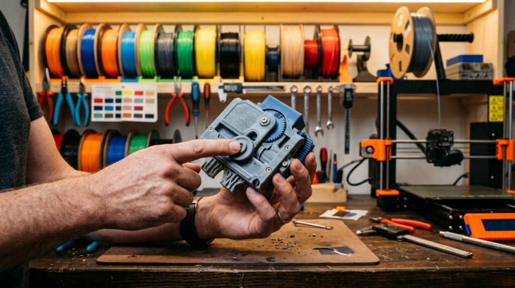 Close-up detail shot of hands examining a 3D printed prototy